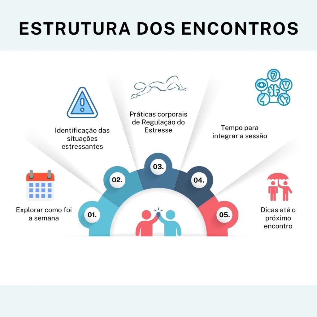Estrutura dos Encontros – Como funcionam as sessões do PRO-RE Infográfico mostrando a estrutura dos encontros do Programa de Regulação do Estresse (PRO-RE), incluindo exploração da semana, identificação do estresse, práticas corporais, integração e orientações