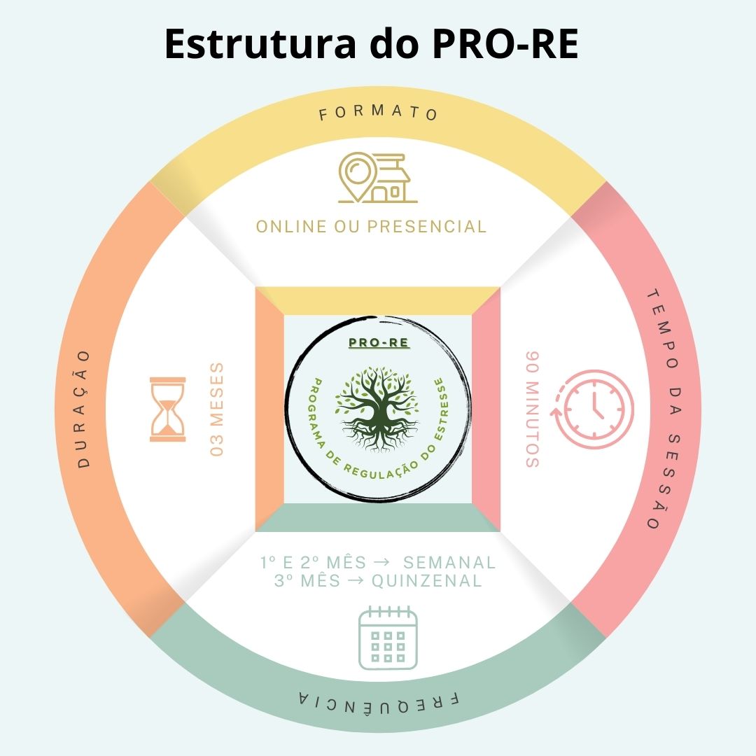 Estrutura do PRO-RE – Como funciona o Programa de Regulação do Estresse Infográfico explicando a estrutura do Programa de Regulação do Estresse (PRO-RE), com detalhes sobre formato, duração, frequência e tempo de sessão