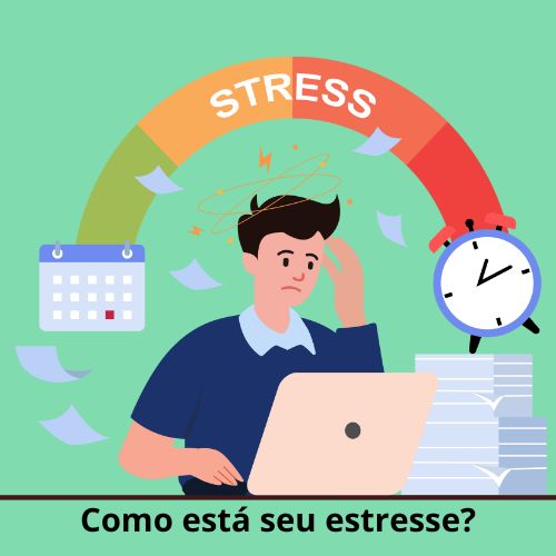 Ilustração de um homem sobrecarregado com trabalho e prazos, cercado por papéis e relógios, representando os efeitos do estresse desregulado